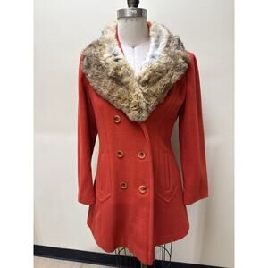 VTG 60s Orange Wool Coat Real Rabbit Fur Collar Double Breasted Union Made USA